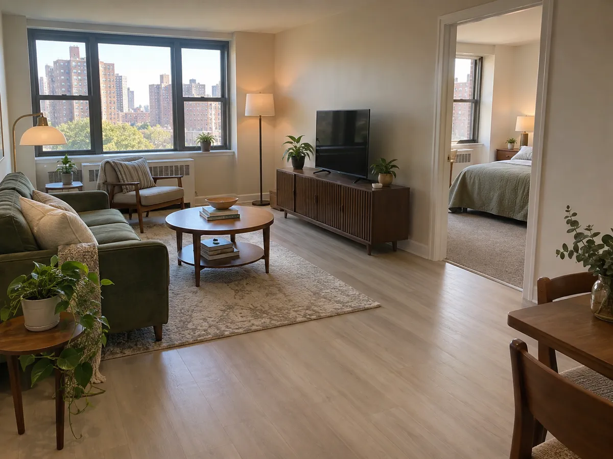 A living room in a large Bronx co-op building apartment